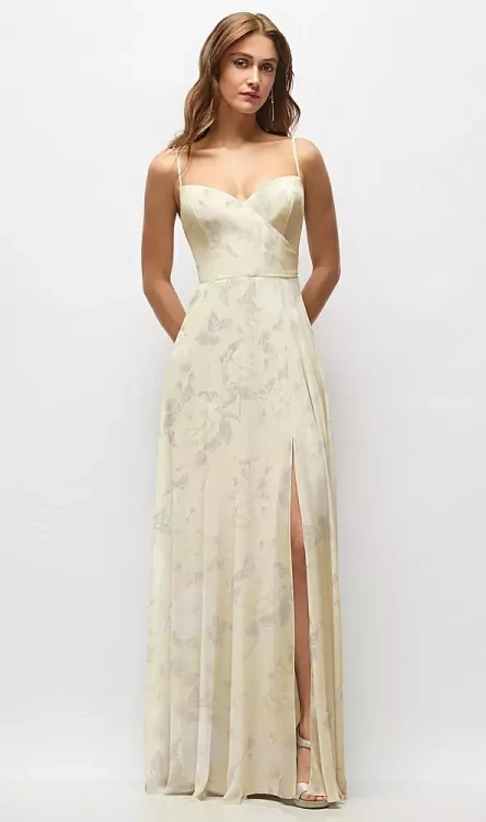 Wrap Bodice Floral Chiffon Maxi Dress with Adjustable Spaghetti Straps in Butter Yellow Floral
