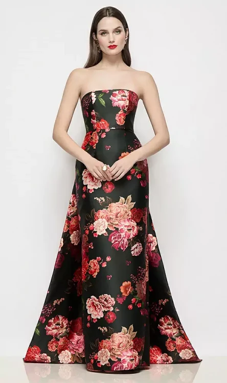 Strapless Fleur de Ville Satin Column Dress with Removable Watteau Train in Wine Black Multi D876FDV