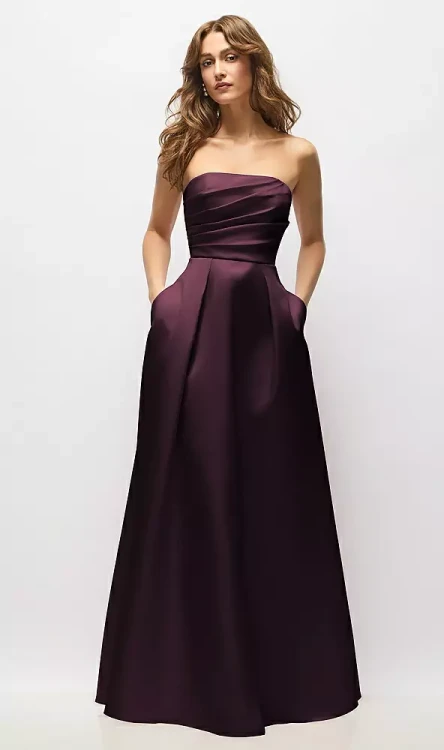 Strapless Hand-Pleated Bodice Satin Maxi Dress with Full Pleated Skirt - Josephine · Style D889 in 31 colours