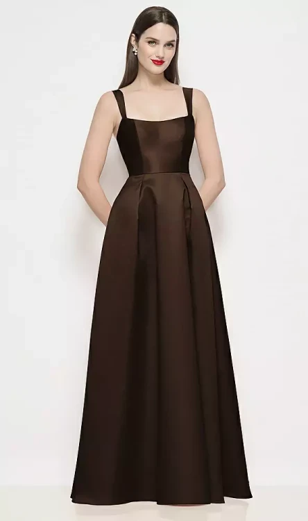 Shaped Strap Basque Neck Satin Maxi Dress with Pleated Skirt - Alfred Sung Lyssa · Style D898 in 31 colours