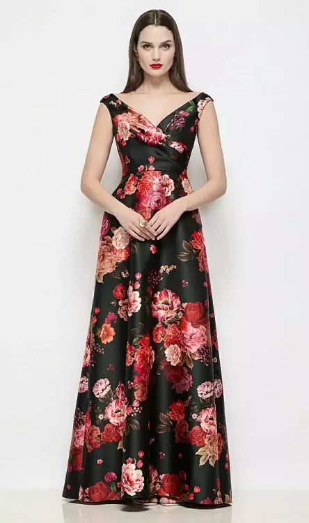 Off-the-Shoulder Pleated Crossover Fleur de Villes Satin A-Line Maxi Dress  by Alfred Sung Blythe · Style D902FDVin Wine Black Multi
