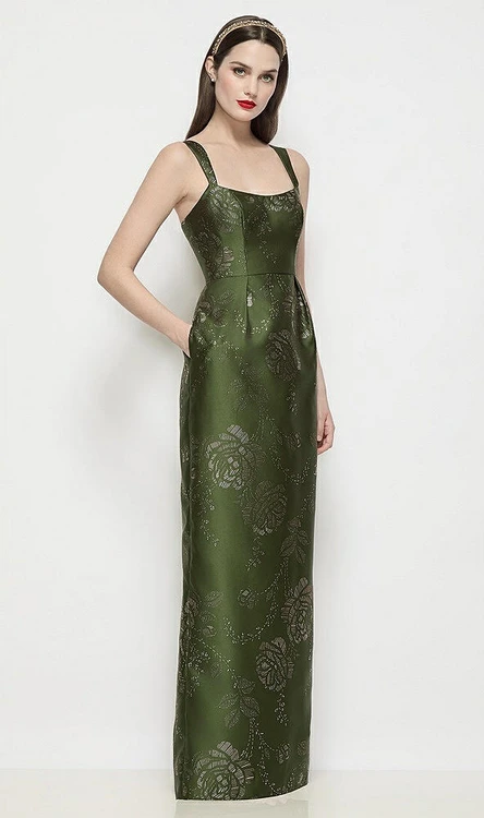 Shaped Strap Basque Neck Embossed Gilt Floral Satin Column Maxi Dress in Olive / Gold - Alfred Sung Louise · Style D900EGF