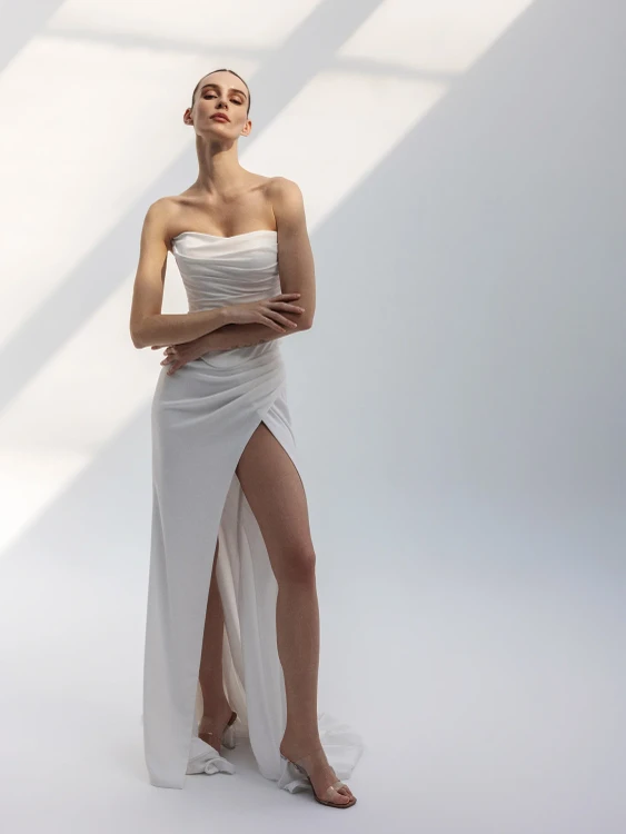 Elysia 2pcs Crepe Column Asymmetric Wedding Gown