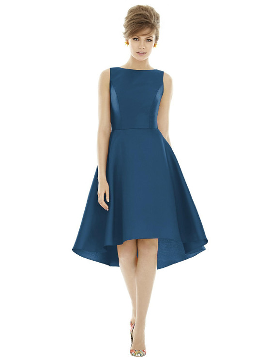 Bateau Neck Satin High Low Cocktail Dress by Alfred Sung D697 in 37 colors