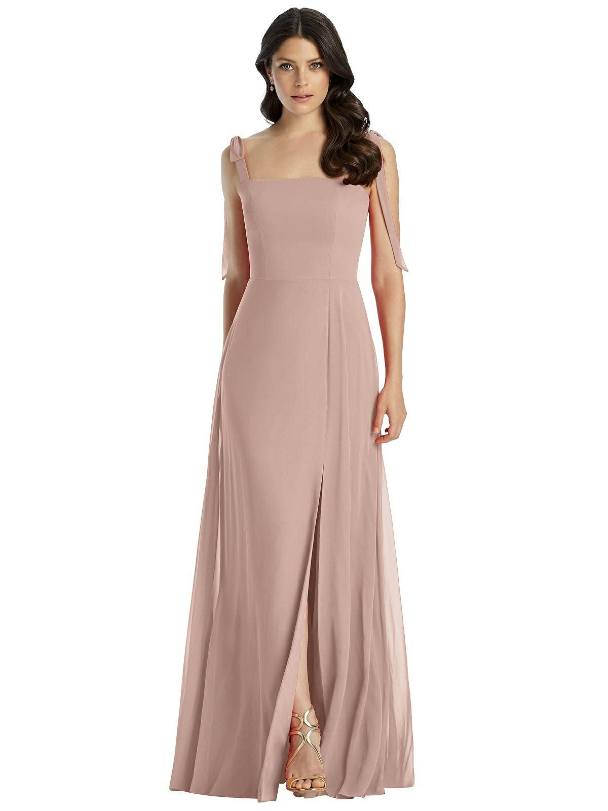 Tie-shoulder Chiffon Maxi Bridesmaid Dress With Front Slit In Bleu Garden