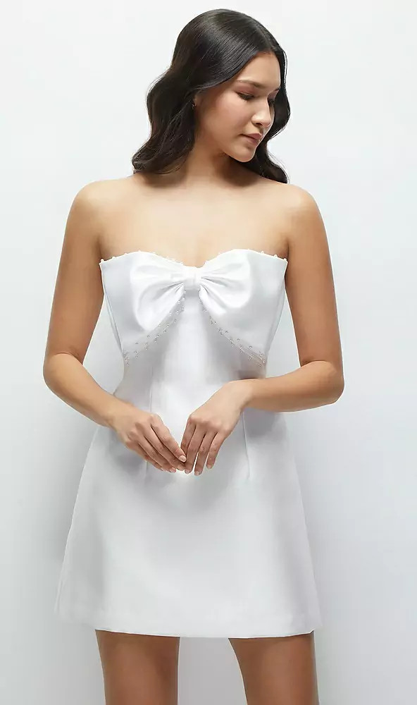 OVERSIZED BOW STRAPLESS LITTLE WHITE MINI DRESS WITH PEARL