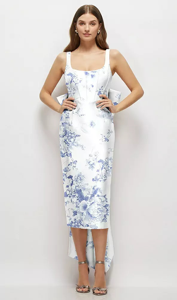 FLORAL SCOOP NECK CORSET SATIN MIDI DRESS WITH FLOOR-LENGTH BOW TAILS  D864FP by Dessy available