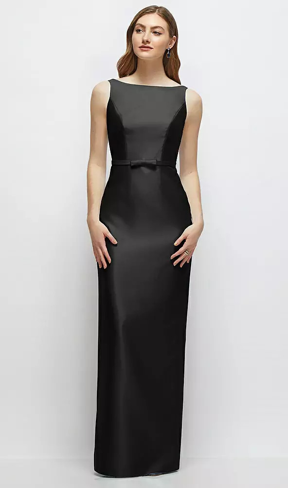 Bateau Neck Satin Column Dress with Bow-Trimmed Skinny Belt in