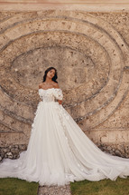 Fervora A-line Off the Shoulder Chantilly Lace Wedding Gown with 3 D Flowers