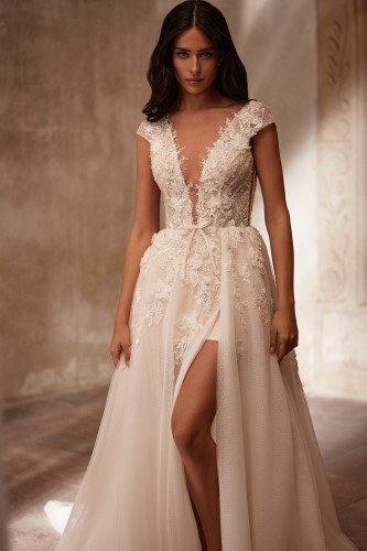 Beatrice A-line V-neck Wedding Dress with 3D Beaded Flowers and Cap Sleeves  by Luce Sposa (Available Online Only)