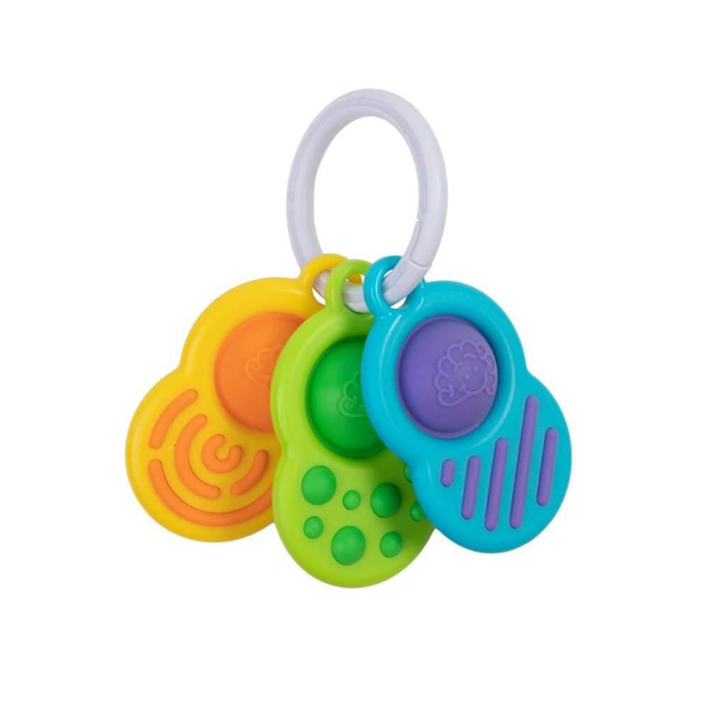 Fat Brain - Dimpl Clutch features a dimpl bubble on one end and squishy silicone textures on the other. Three unique sensory experiences ready to clip and go!