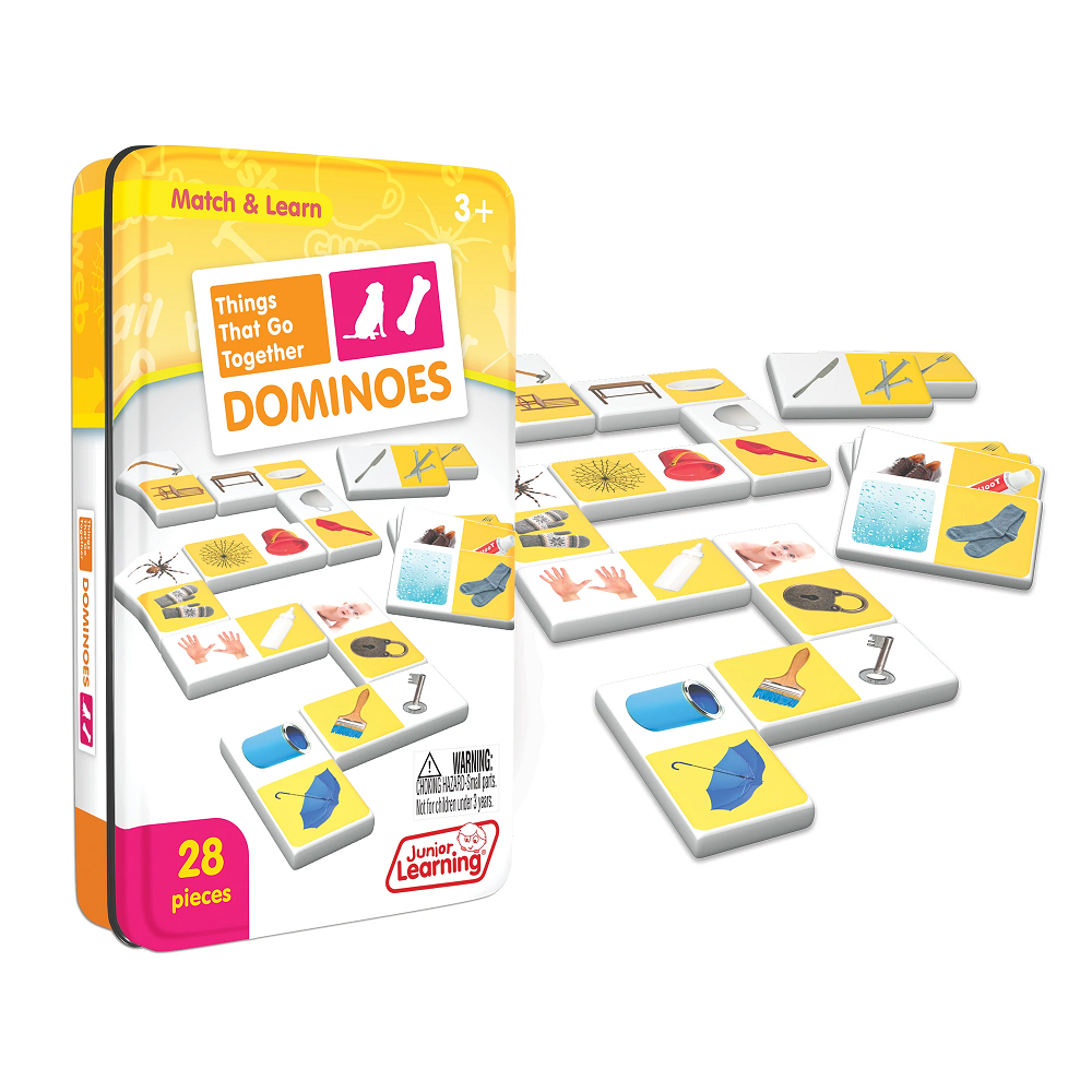 Children will love the feel of real dominoes as they complete the Things That Go Together Dominoes matching game in a collectors tin.