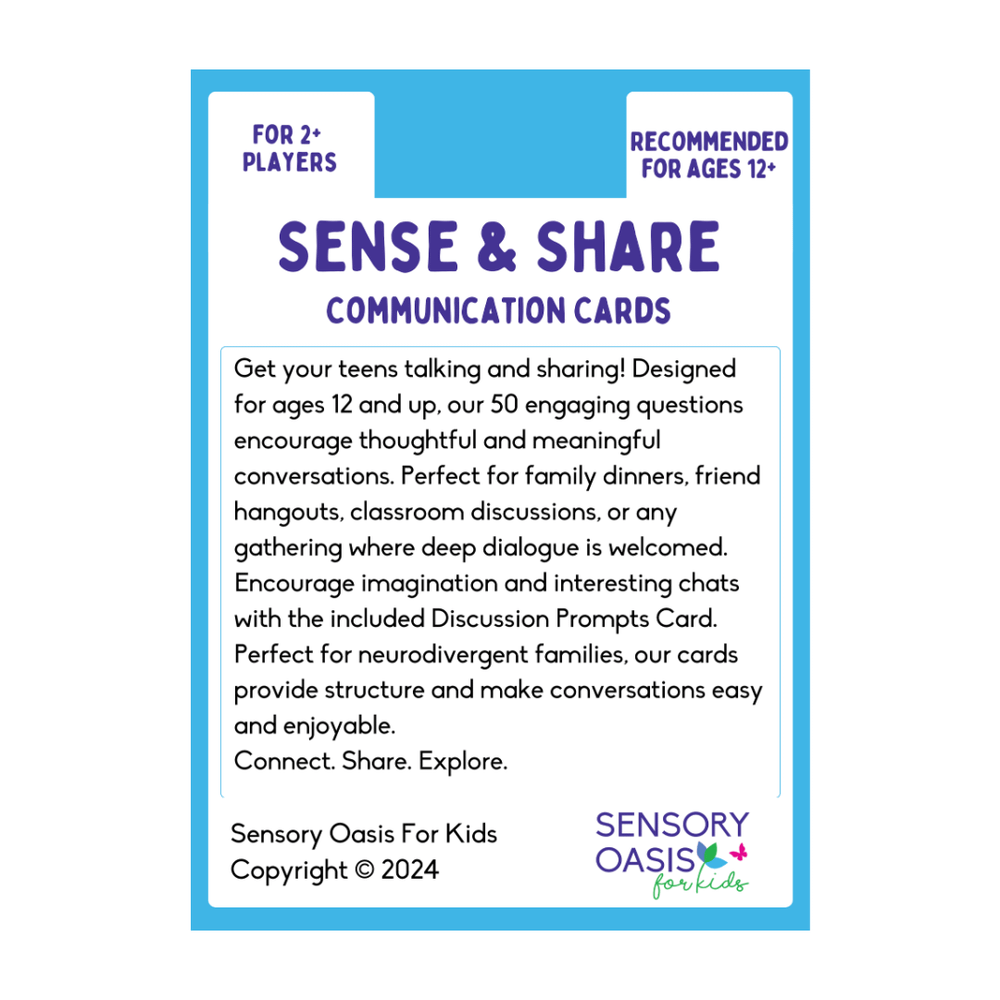 Welcome to the Sense & Share Communication Cards - Teens Pack! Our goal is to help teens open up, share their thoughts, and engage in meaningful conversations.