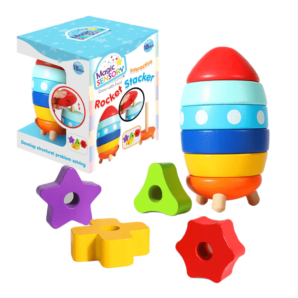 The Magic Sensory Rocket Stacker is ideal for encouraging cognitive growth, fine motor skills, and creative play.