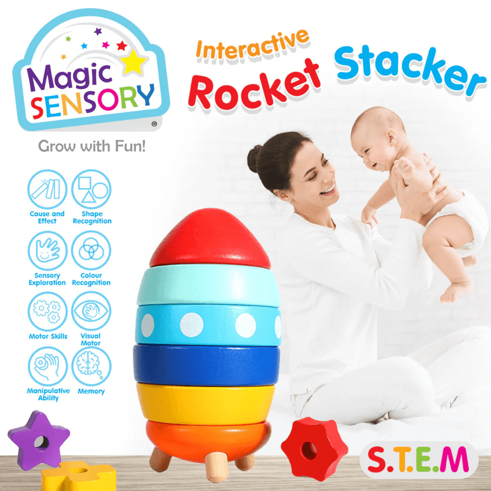 The Magic Sensory Rocket Stacker is ideal for encouraging cognitive growth, fine motor skills, and creative play.
