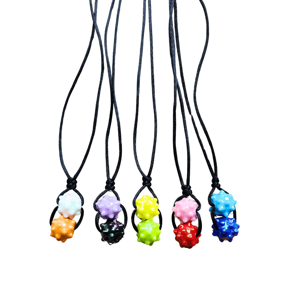 Our handmade Spiked Bead Stim Necklace with two firm, tingly-textured beads is a discreet, wearable fidget for calming busy hands.