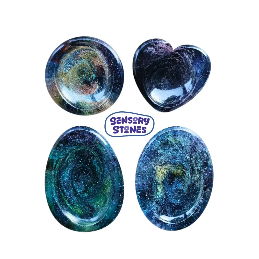 Handmade Sensory Stones - Galaxy Worry Stones by Sensory Oasis for Kids. Smooth resin stones for fidgety fingers, worry moments and pocket-sized calm.