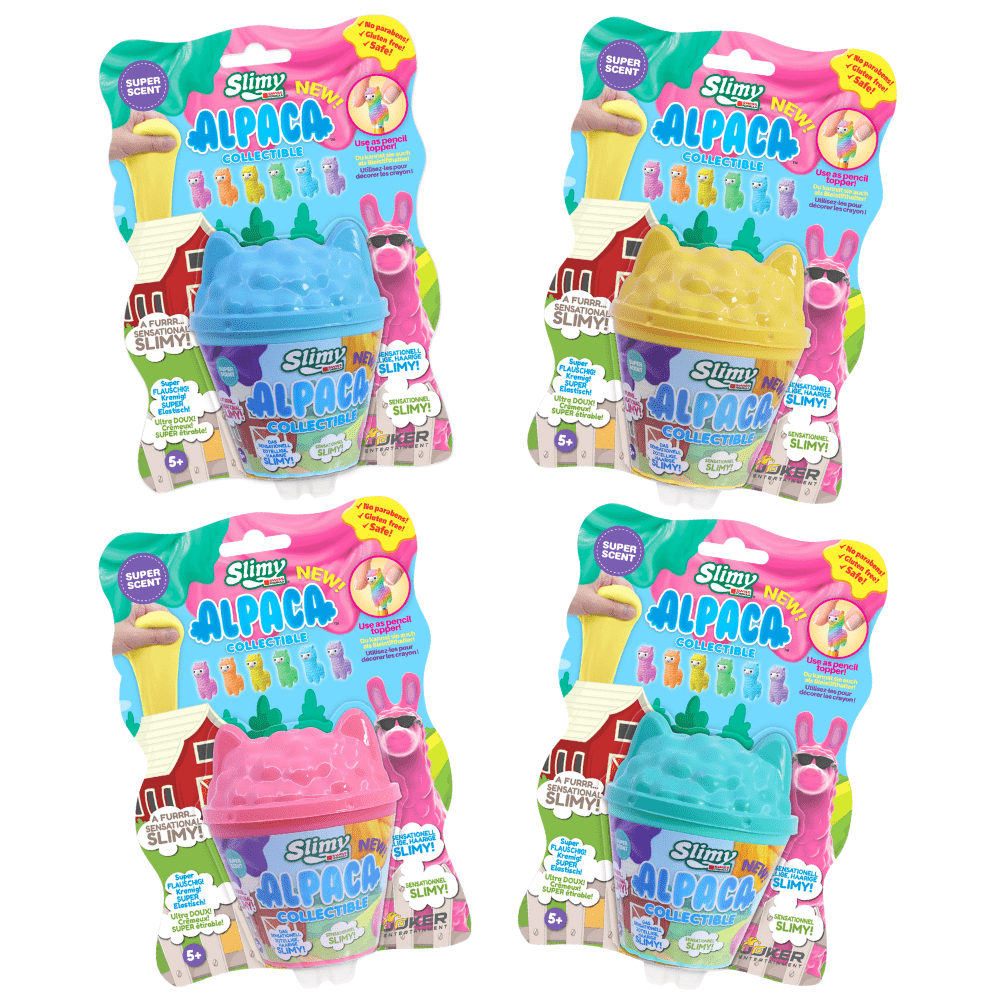 Discover Slimy Scented Alpaca Collectibles with 100g of scented slime and a cute alpaca topper. Collect all 7 characters including the rare rainbow alpaca!