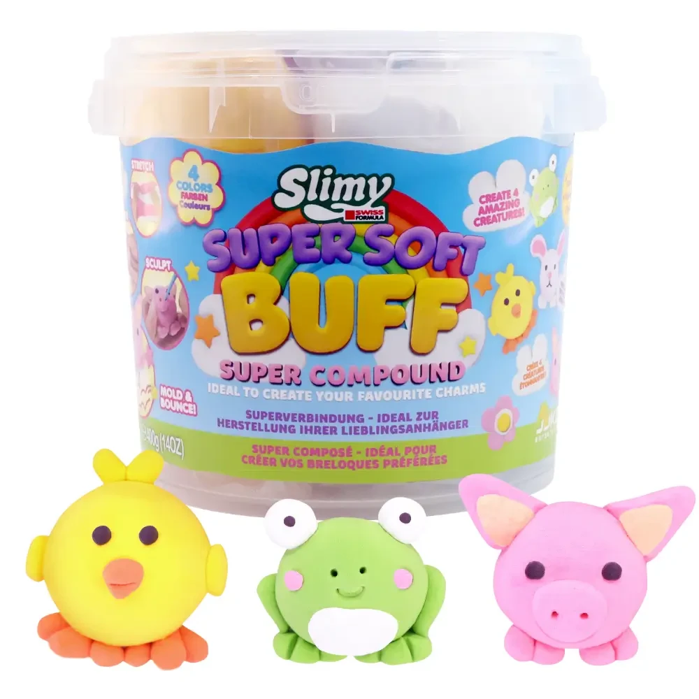 Create colourful creatures and charms with the Slimy Super Soft Buff Kit. Includes ultra-soft modelling compound, 4 colours and fun mix-ins for sensory play.