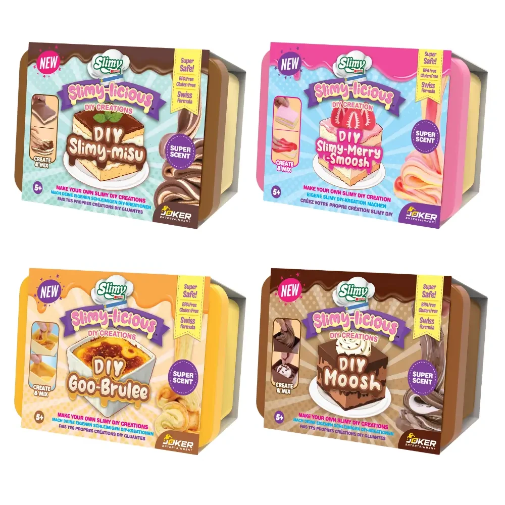 Create sweet dessert-inspired slime creations with Slimy-Licious DIY Creations. Includes scented slime, mix-ins and toppers in four fun collectible styles.