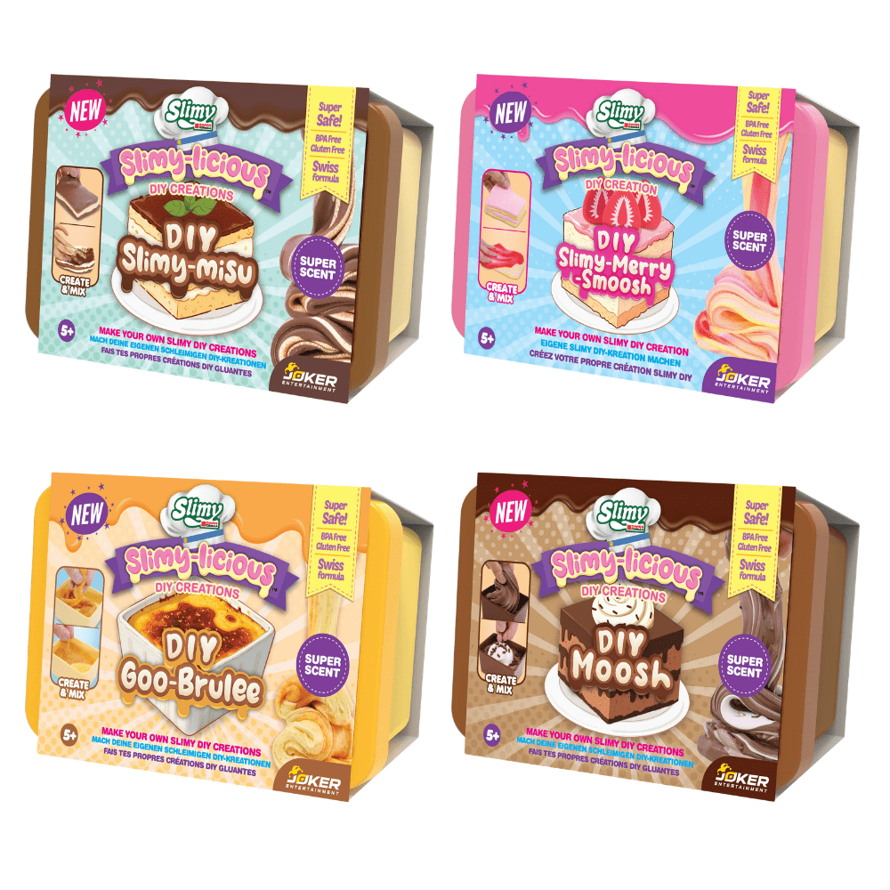 Create sweet dessert-inspired slime creations with Slimy-Licious DIY Creations. Includes scented slime, mix-ins and toppers in four fun collectible styles.
