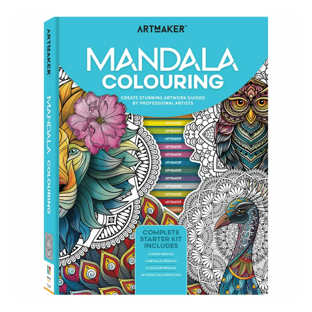 Relax and get creative with the Art Maker Mandala Colouring Kit, featuring a 48-page colouring pad plus 18 classic, metallic and neon pencils.