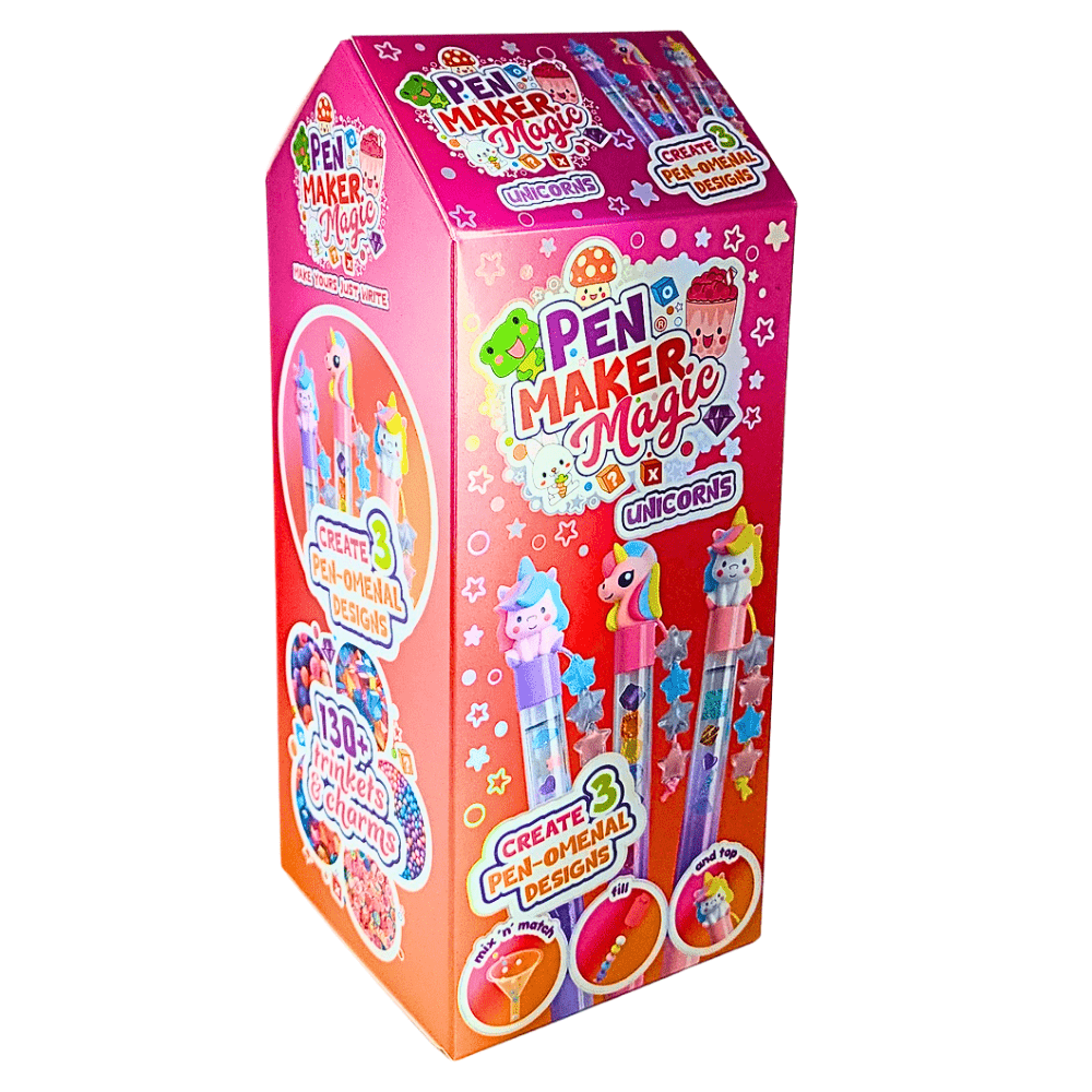 Create magical personalised pens with the Pen Maker Magic - Unicorn Pen Maker, featuring colourful beads, charms, trinkets and cute unicorn toppers.