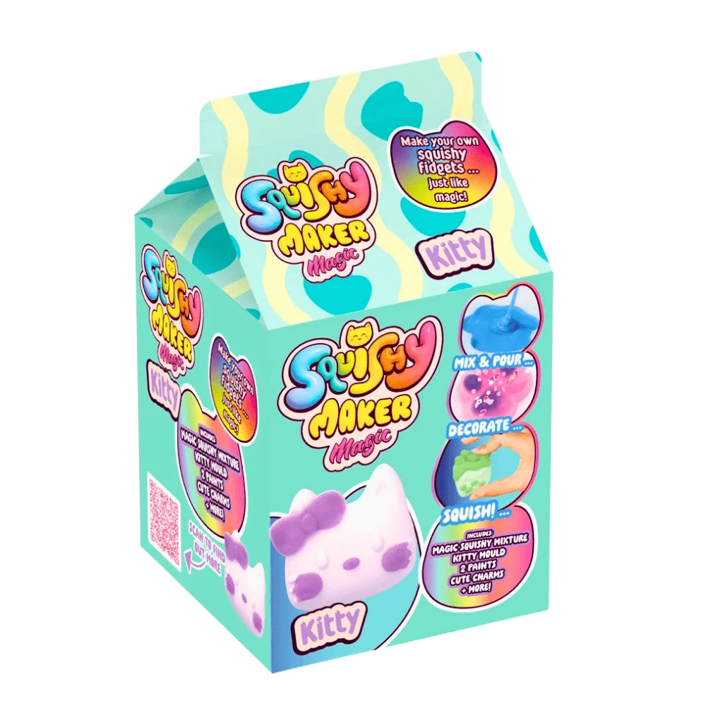 Mix, pour, decorate and squish with the Squishy Maker Magic - Mini Kitten! Create your own cute kitten squishy with this fun DIY craft kit.