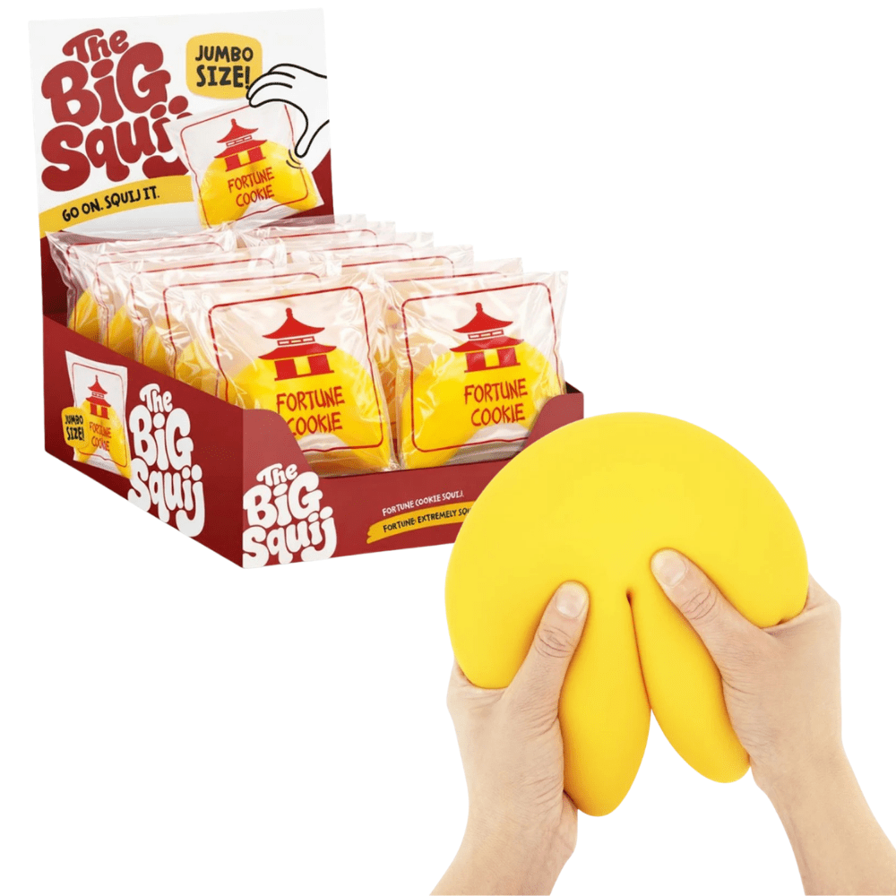 Squeeze some good fortune with The Big Squij Fortune Cookie, a jumbo soft squishy perfect for sensory play, fidgeting and stress-relief fun.