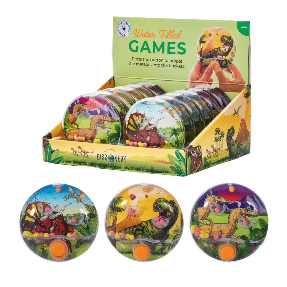Press, aim and play with the Dino Water Game! A portable, battery-free dinosaur game for hand-eye coordination, visual sensory fun and screen-free play.