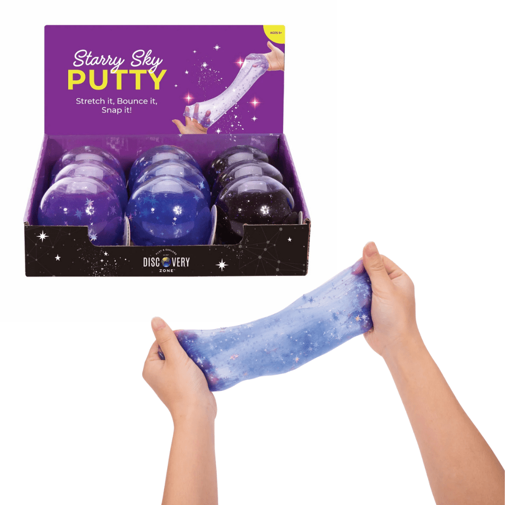 Stretch, bounce, snap and squish Starry Sky Putty! Glittery galaxy-inspired sensory putty filled with tiny stars. Available in three cosmic colours.