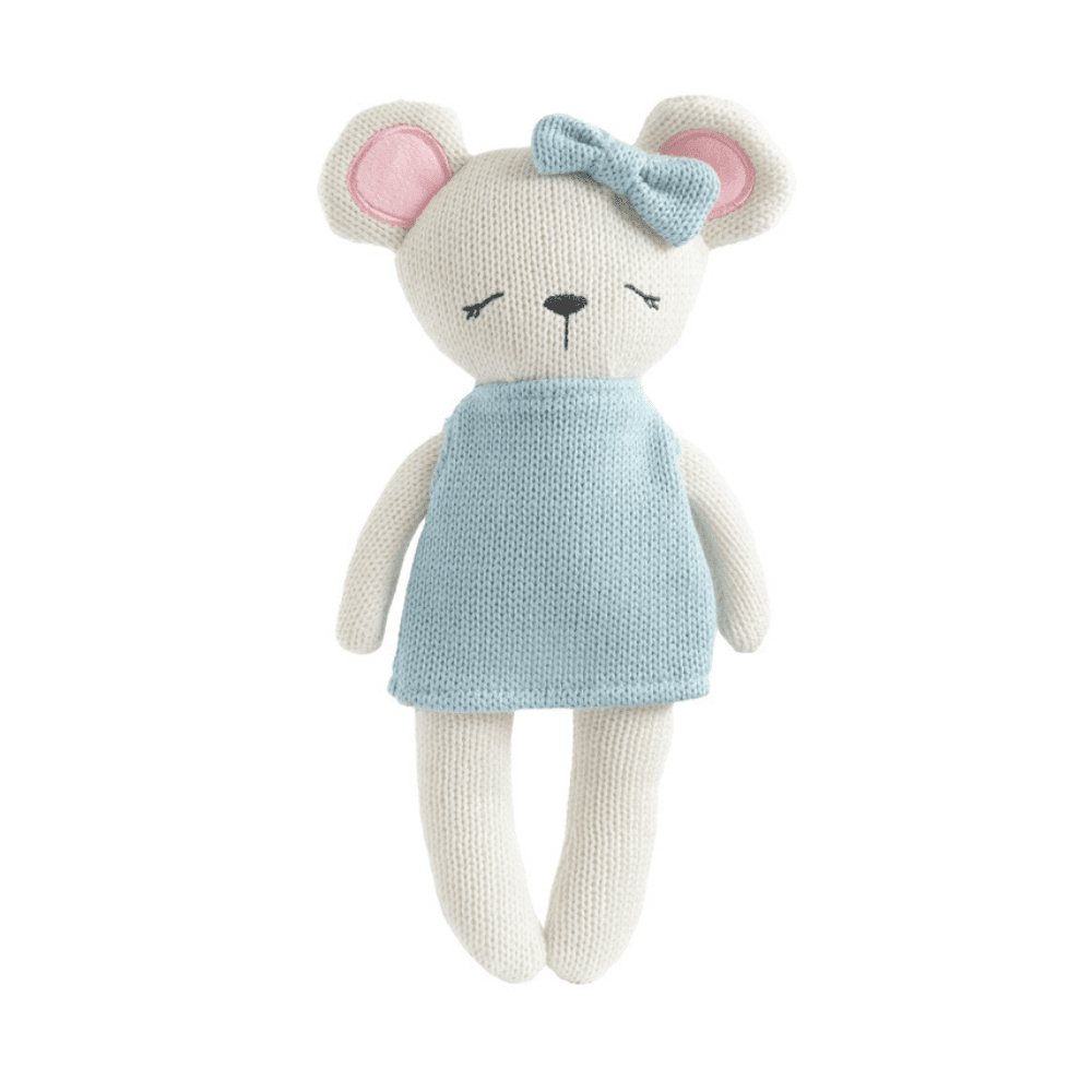 Meet Molly the Mouse, a soft 100% cotton knitted toy with a pale blue dress, matching bow and embroidered details. Perfect for cuddles, comfort and sensory play.
