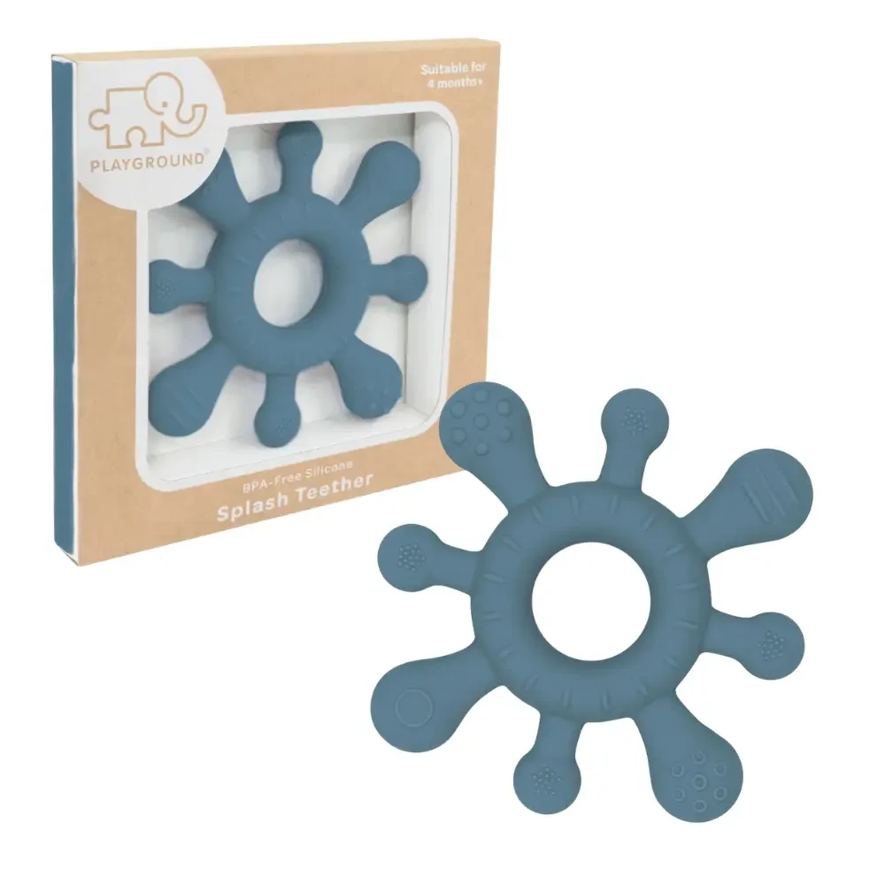 Soothe sore gums with the Silicone Splash Teether - Steel Blue. BPA-free, food-grade silicone with multiple textures for safe sensory exploration from 4 months+.