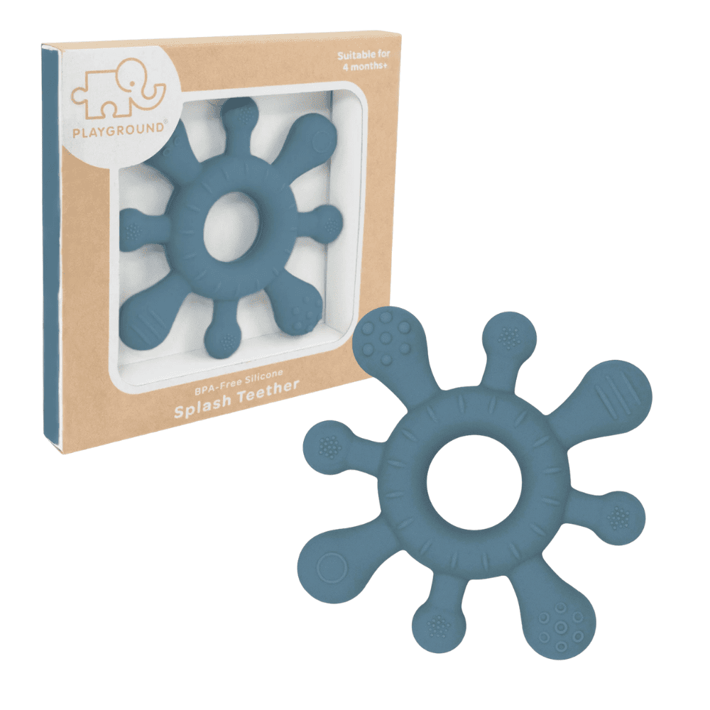 Soothe sore gums with the Silicone Splash Teether - Steel Blue. BPA-free, food-grade silicone with multiple textures for safe sensory exploration from 4 months+.