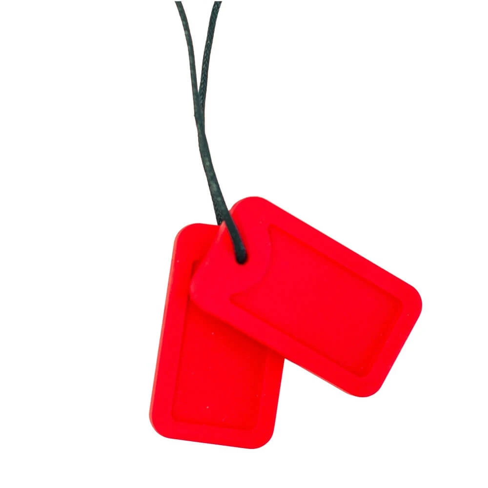 Chewigem Dog Tags - Code Red is a chewable sensory necklace with two red tags for mild chewers, fidgeting and redirecting clothing chewing.