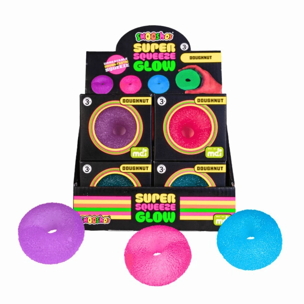 Squish, squeeze and glow with Smoosho's Glow in the Dark Doughnut. Perfect for squeezing, sensory play and keeping busy hands happily occupied.
