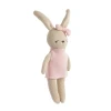 Meet Bella the Bunny, a soft 100% cotton knitted comfort toy with embroidered details, pink dress and bow. Perfect for cuddles, sensory play and gifting.