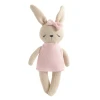 Meet Bella the Bunny, a soft 100% cotton knitted comfort toy with embroidered details, pink dress and bow. Perfect for cuddles, sensory play and gifting.