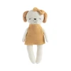 Meet Paula the Puppy, a soft 100% cotton knitted puppy with plush ears, embroidered details and a mustard dress. Perfect for cuddles, comfort and sensory play.