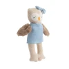 Meet Ollie the Owl, a soft 100% cotton knitted toy with fluffy wings, embroidered features and a cosy blue dress. Perfect for cuddles and sensory play.