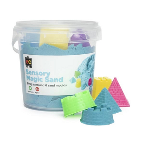 Sensory Magic Sand with Moulds 600g Tub Blue can be moulded into countless creations, then easily turned back into sand to re-use it over and over again!