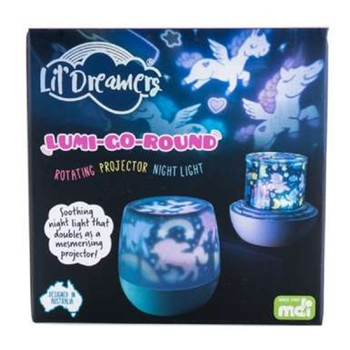 Lil Dreamers Lumi-Go-Round Unicorn Rotating Projector Light includes three different films for a variety of fun projections each day!