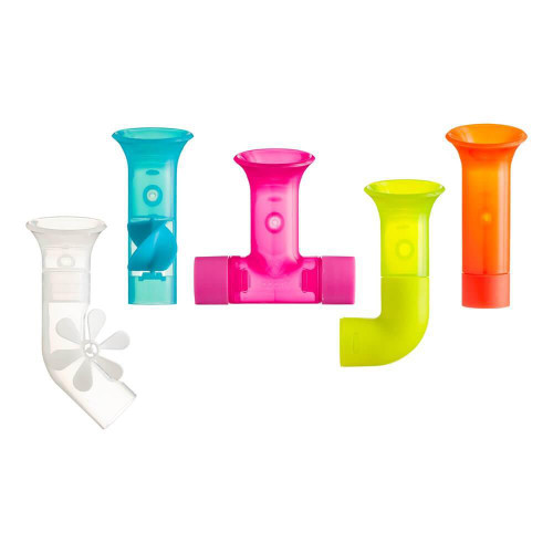 Boon Bath Pipes makes bath time a scooping and pouring extravaganza! They suction to the wall so the water goes back in the tub, not on the floor.