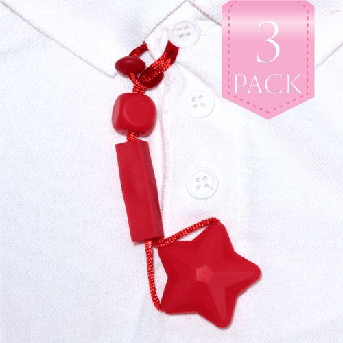 For kids who like to chew on their clothes, fingers, hair….anything really… we have the unique, Chewy Charms - Shirt Saver Button Hole Star 3 Pack Red!