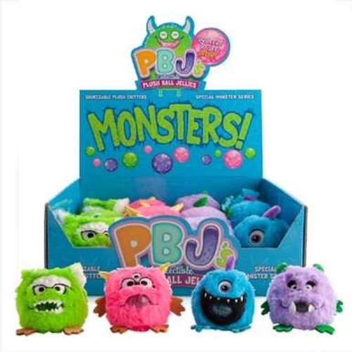 Plush Ball Jellies - Monster is a soft & fuzzy round plush filled with colourful jellies that pop out with a squeeze!