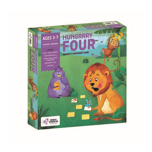 Hungrrry Four develops visual spatial memory, gross motor skills, cooperative play, language & animal food, sounds & movements.