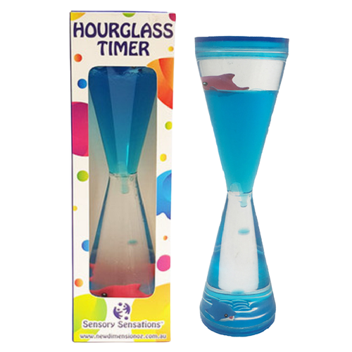 Sensory Sensations - Hourglass Liquid Timer with Dolphins contains two dolphins. As the oil drips, one dolphin rises & the other falls.