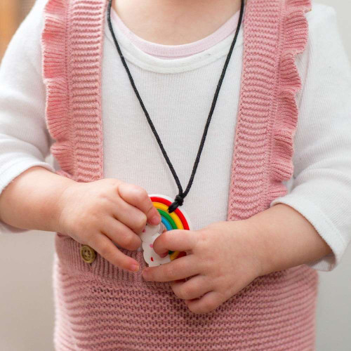 Jellystone Rainbow Pendant - Bright is part of the Juniors range of silicone jewellery secured with practical break-away clasp. A mild chew.