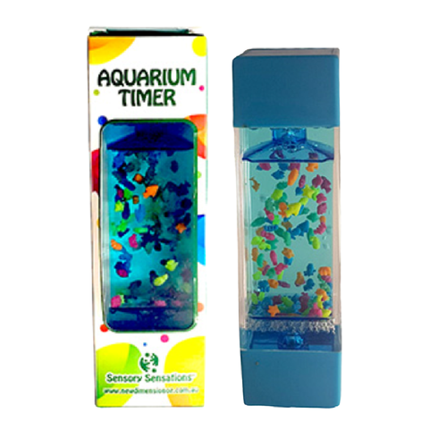 Sensory Sensations Aquarium Liquid Timer contains a tank full of coloured little fishies that bubble and move before slowly sinking to the bottom.