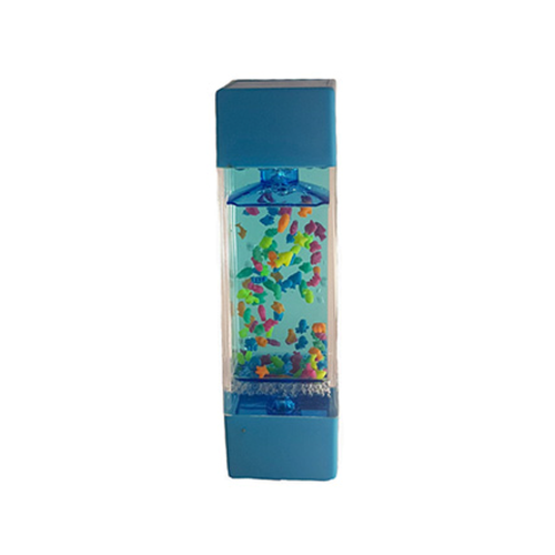 Sensory Sensations Aquarium Liquid Timer contains a tank full of coloured little fishies that bubble and move before slowly sinking to the bottom.